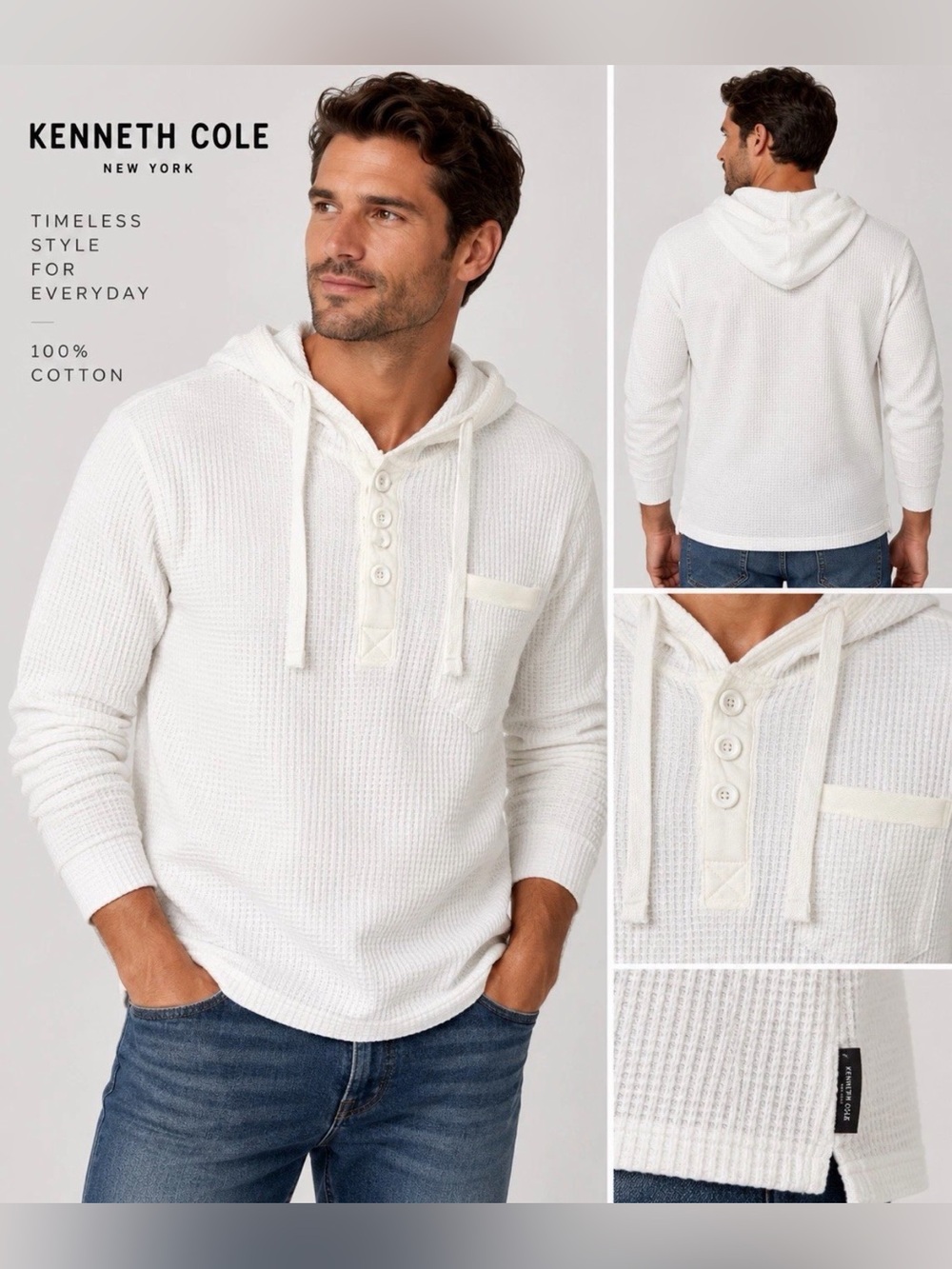 Kenneth Cole White Waffle-Knit Hooded Henley